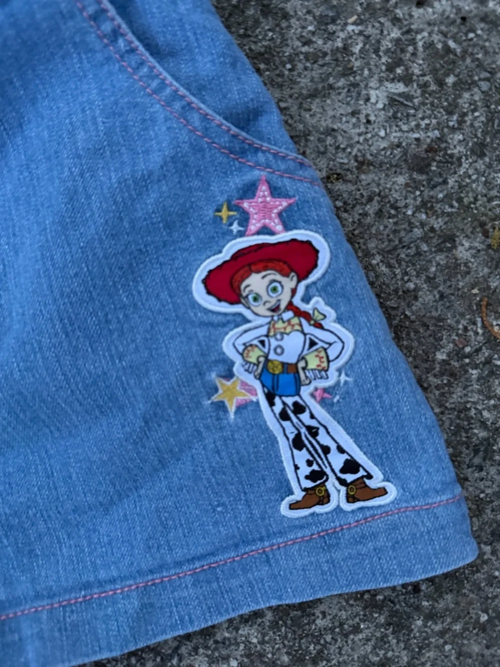 Disney Light Blue Denim Overall Dress with Pink Stitching